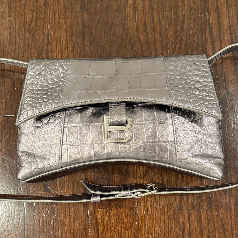 Balenciaga Croc Embossed Metallic Gunmetal Silver Shoulder Bag Clutch EUC